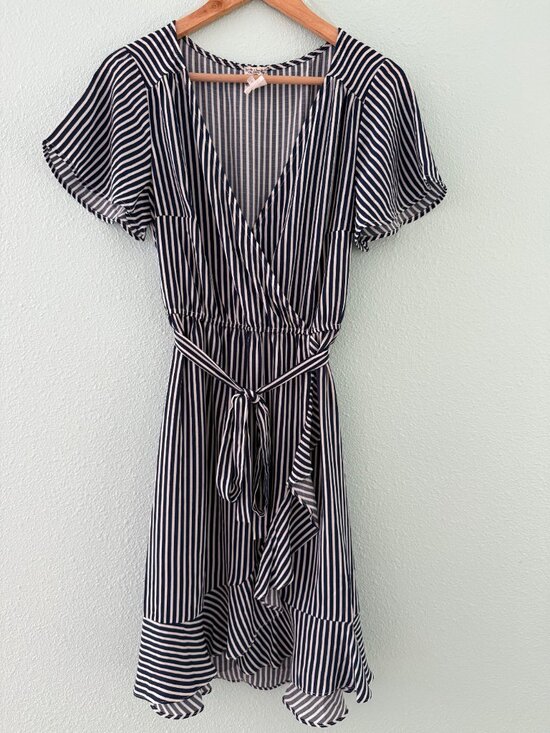 NAIF Dresses & Skirts - naif Blue White Stripe‎ Faux Wrap Ruffle Dress Size Medium